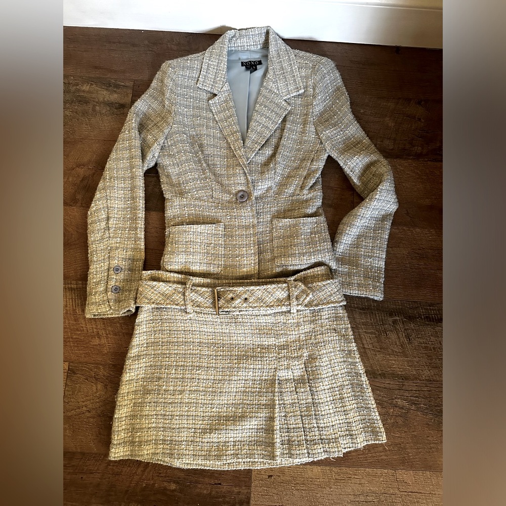 Xoxo Baby Blue & Tan Tweed Skirt Suit